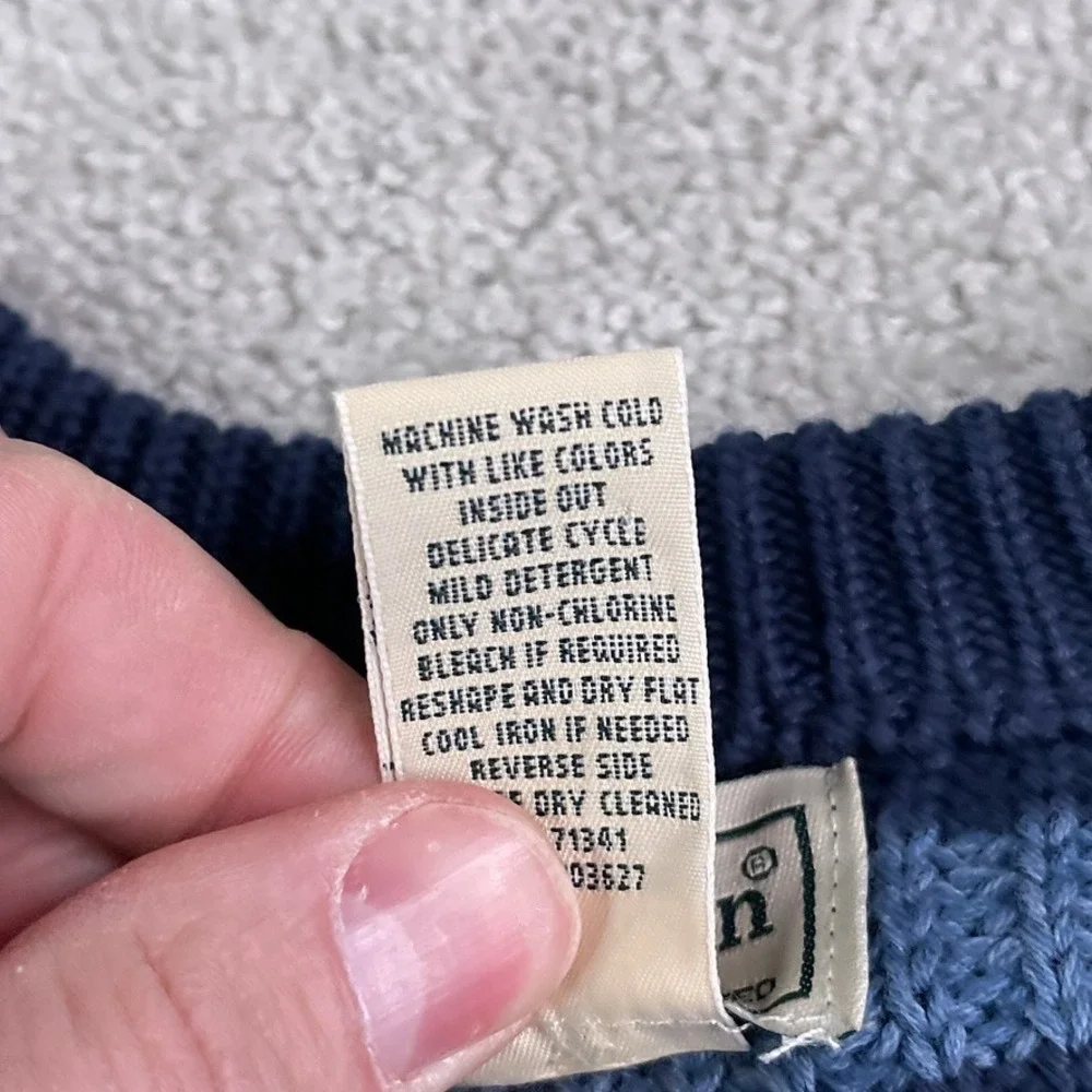 LL Bean Sweater Mens XL Tall Blue Stripes Crewneck Heavy Cotton Chunky Fisherman